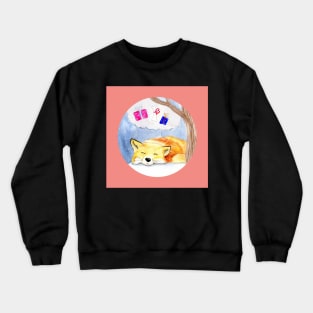 Sleeping Fox with Coral Pink Background Crewneck Sweatshirt